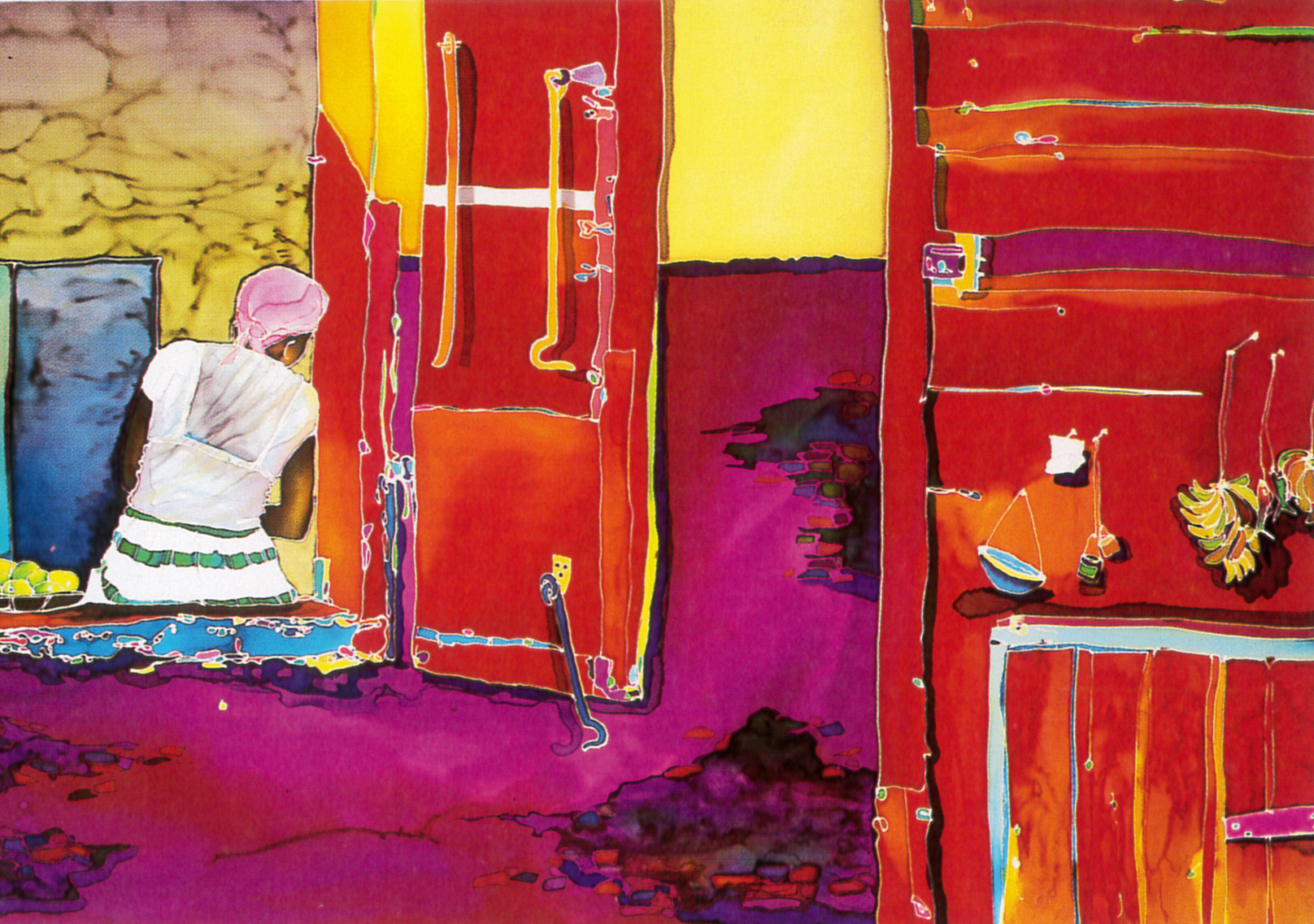 ジェニファー・マークスの絵画作品　タイトルは、Woman alone in window sill red